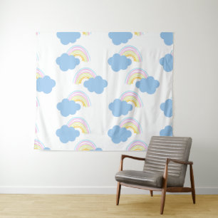 Rainbow Summer Clouds Pastel Scribble Doodle Tapestry