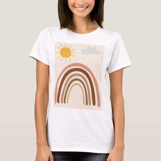 Rainbow Sun Cloud, Kids Drawing, Boho Abstract Art T-Shirt (Front)