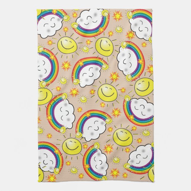 Rainbow, Sun, Clouds, Beige Kitchen Hand Towel (Vertical)