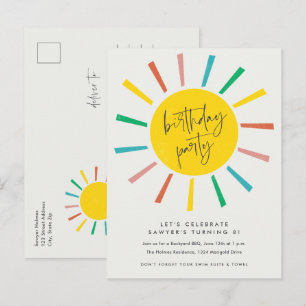 Rainbow Sun Script Kids Birthday Party Invitation Postcard