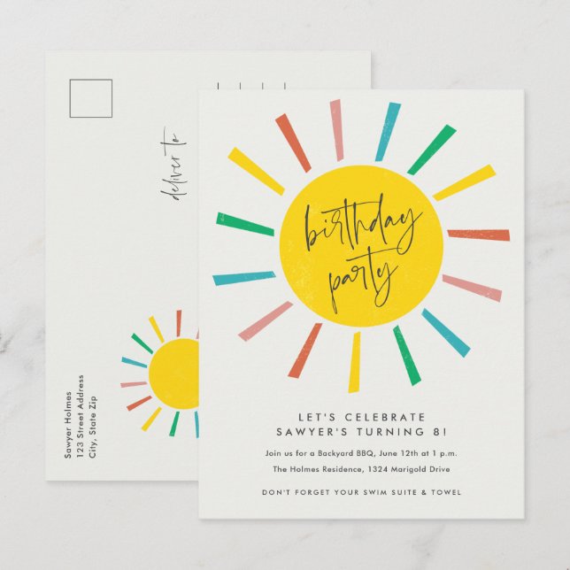 Rainbow Sun Script Kids Birthday Party Invitation Postcard (Front/Back)