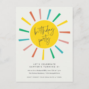 Rainbow Sun Script Kids Birthday Party Invitation Postcard