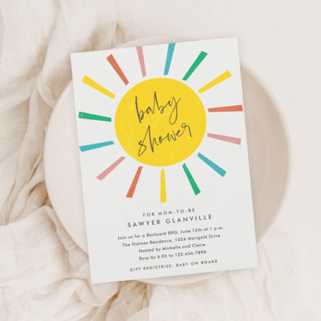 Rainbow Sun Script Modern Baby Shower Invitation (Creator Uploaded)