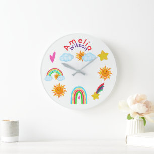 Rainbow Sun Star and Clouds are Happy Together Large Clock