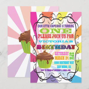 Rainbow Sunburst Cupcake Birthday Party Invitation