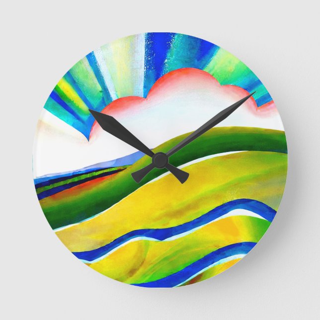 Rainbow Sunburst Landscape Round Clock (Front)