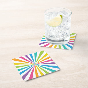 Rainbow Sunburst Square Paper Coaster