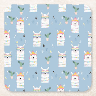 Rainbow Sunglasses Llama Pattern Square Paper Coaster