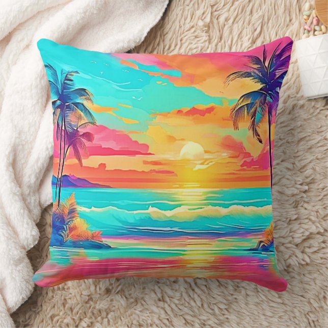 Rainbow Sunset Beach Throw Pillow (Blanket)