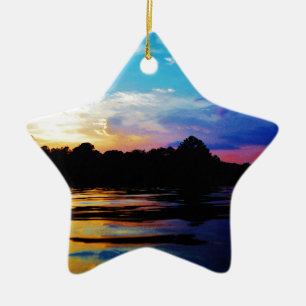 Rainbow sunset on mountain Lake Ceramic Ornament