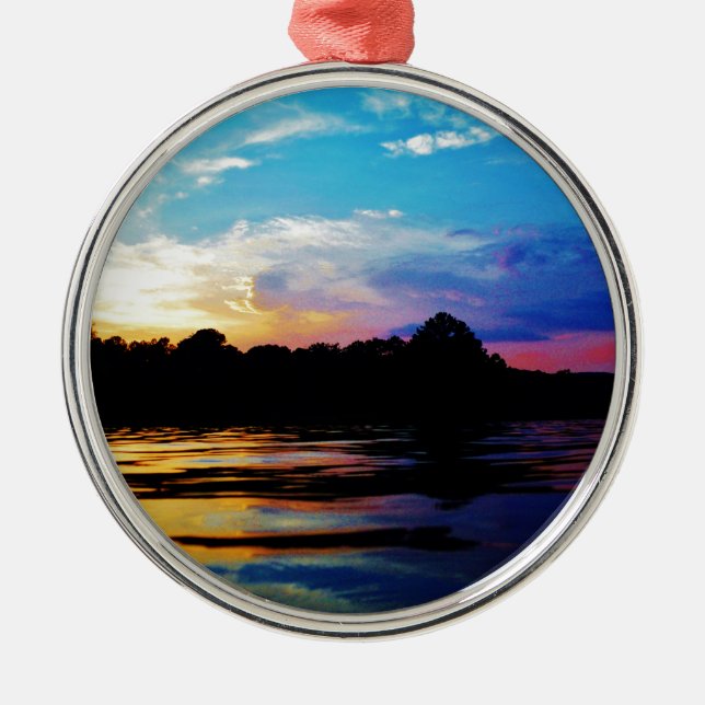 Rainbow sunset on mountain Lake Metal Ornament (Front)
