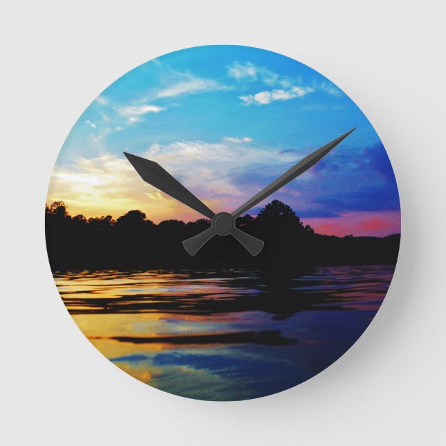 Rainbow sunset on mountain Lake Round Clock (Front)