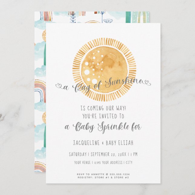 Rainbow Sunshine Modern Watercolor Baby Sprinkle Invitation (Front/Back)