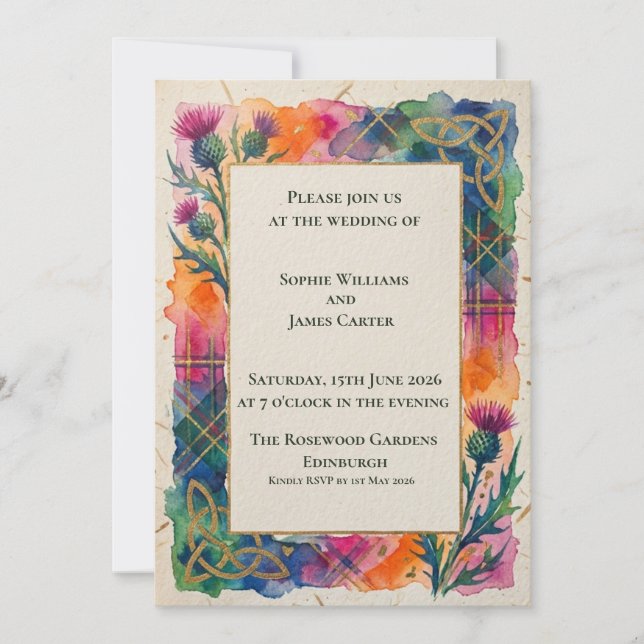 Rainbow Tartan Thistle Wedding Invitation (Front)