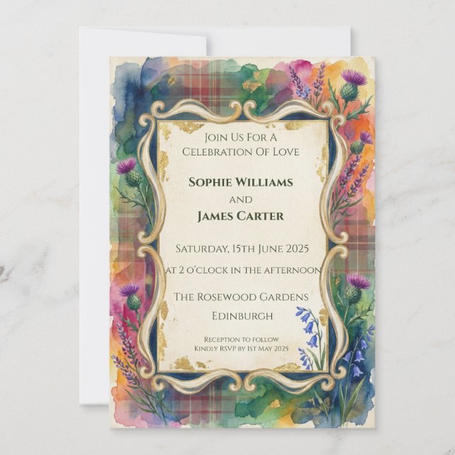 Rainbow Tartan Wildflower Wedding Invitation (Front)