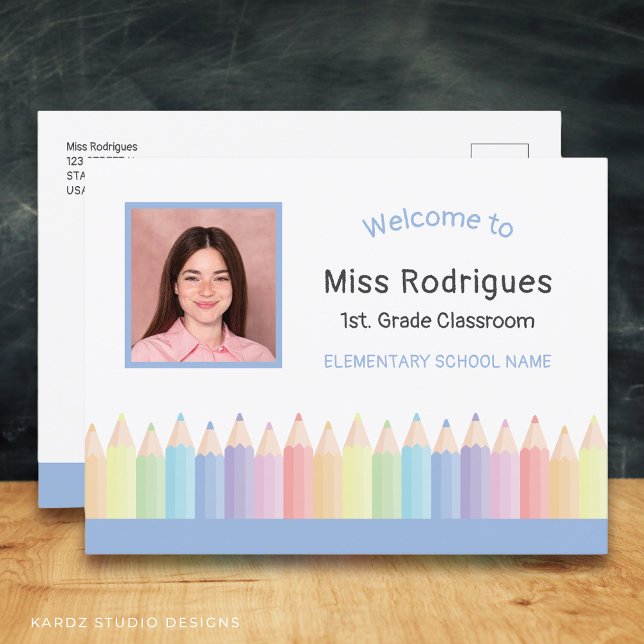 Rainbow Teacher Bienvenue À L'École Carte Postale (Add your photo, edit grade, name, and school. Info and message on the back.)