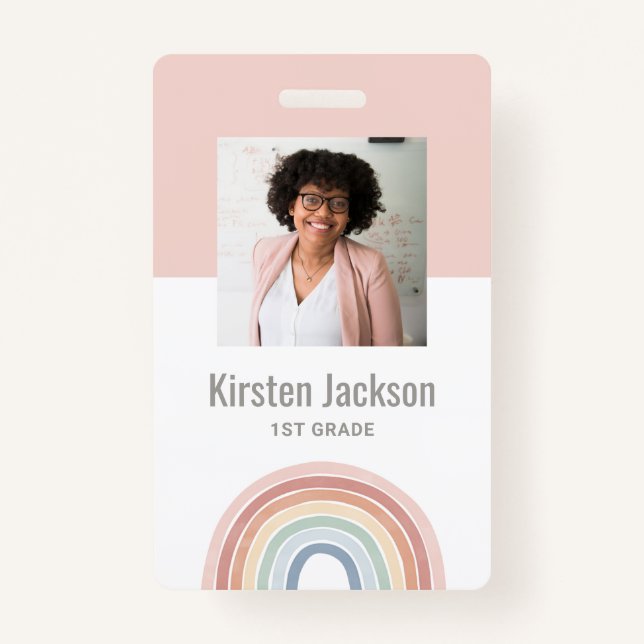 Rainbow Teacher Name Tag Photo ID Badge (Front)