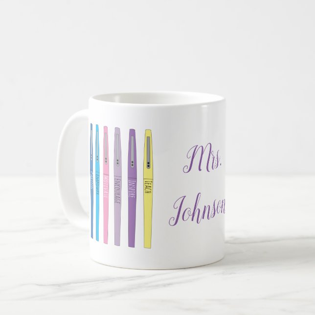 Rainbow Teacher Stylo Mug inspirant avec nom (Devant gauche)