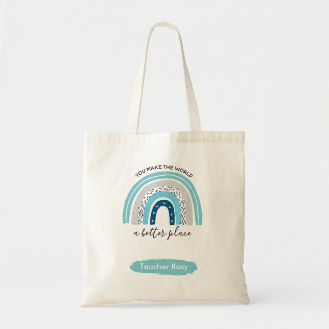 Rainbow Teacher Tote Bags Boho Blue Personalized (Front)