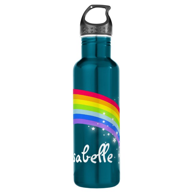 Rainbow teal blue kids custom name drinks bottle (Front)