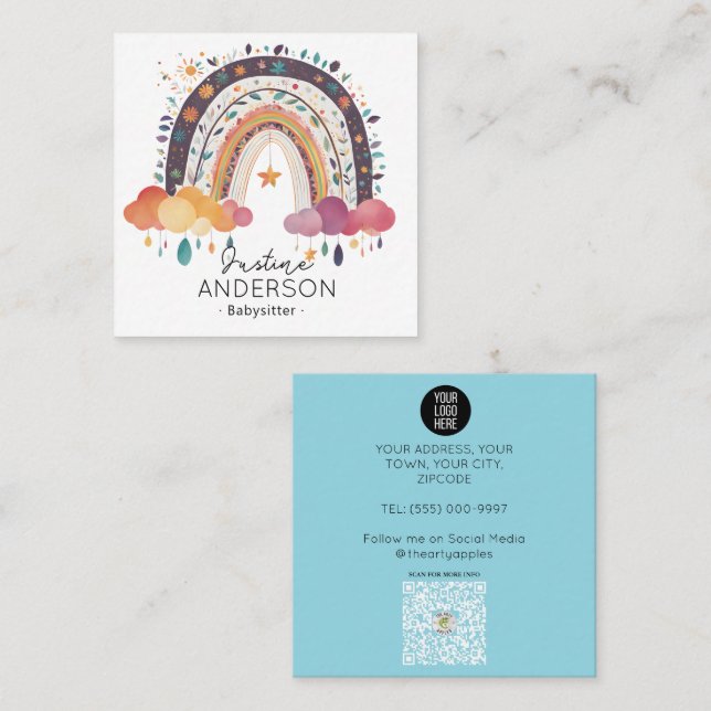 Rainbow teal funky SCANDI HEART RAINBOW BABYSITTER Square Business Card (Front/Back)
