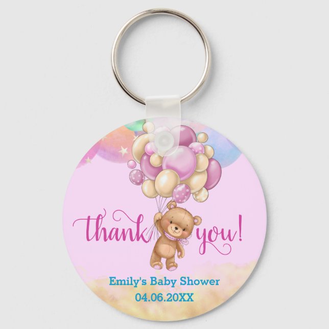 Rainbow Teddy Bear Balloons Thank You Baby Shower Keychain (Front)