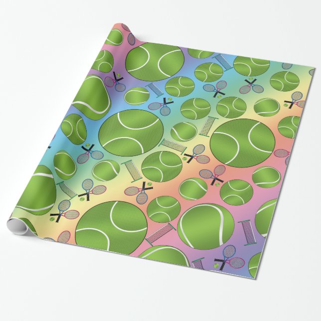 Rainbow tennis balls rackets and nets wrapping paper (Unrolled)