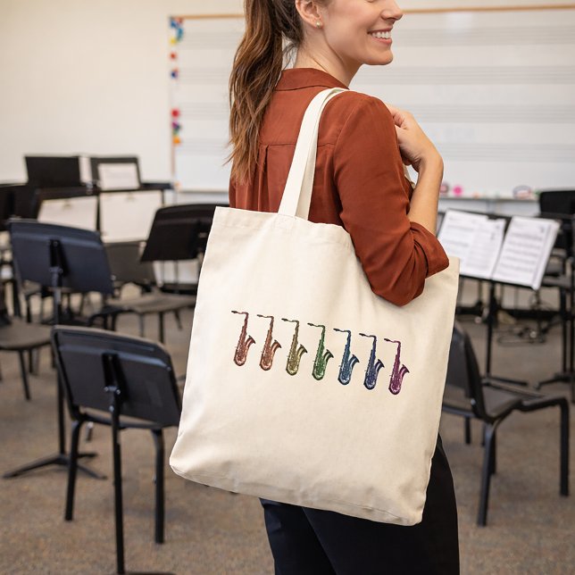 Rainbow Tenor Saxophones Tote Bag (A tote bag with a fun rainbow saxophone design.)