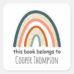 Rainbow this book belongs to kids bookplate square sticker