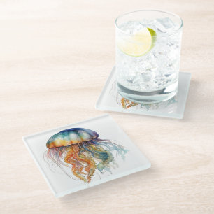  Rainbow Tides Jellyfish: Watercolor Art Glass Coaster