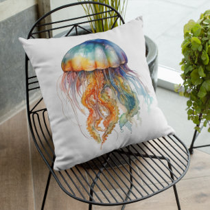 Rainbow Tides Jellyfish: Watercolor Art  Throw Pillow