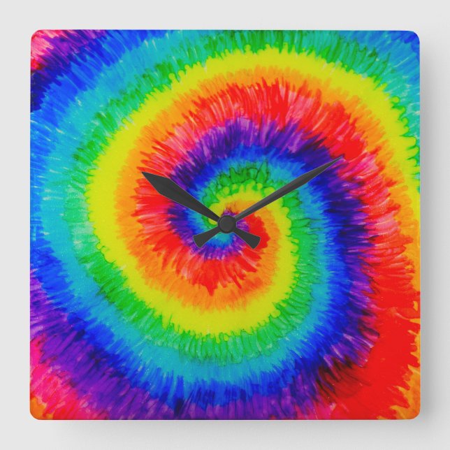 Rainbow Tie-Dye Alcohol Ink Square Wall Clock (Front)
