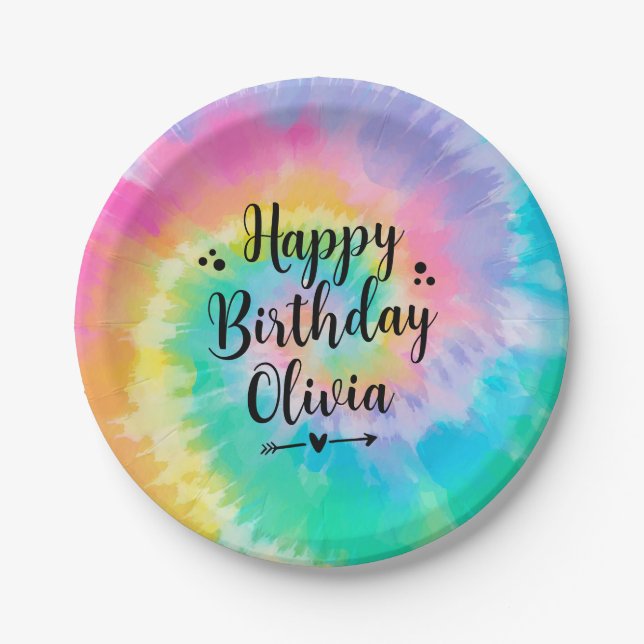 Rainbow Tie Dye Birthday Party Plates Personalized (Front)