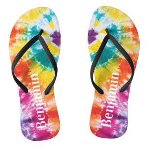 Rainbow Tie Dye Colourful Custom Name Vacation Dad Flip Flops