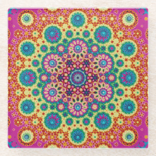 Rainbow Tie-dye Geometric Mandala 3 Pattern Glass Coaster