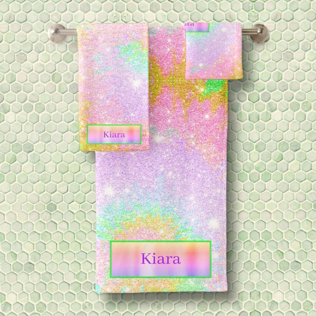Rainbow Tie Dye Glitter Custom Name Bath Towel Set (Creator Uploaded)