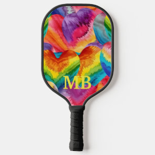 Rainbow Tie Dye Hearts Monogram Pickleball Paddle