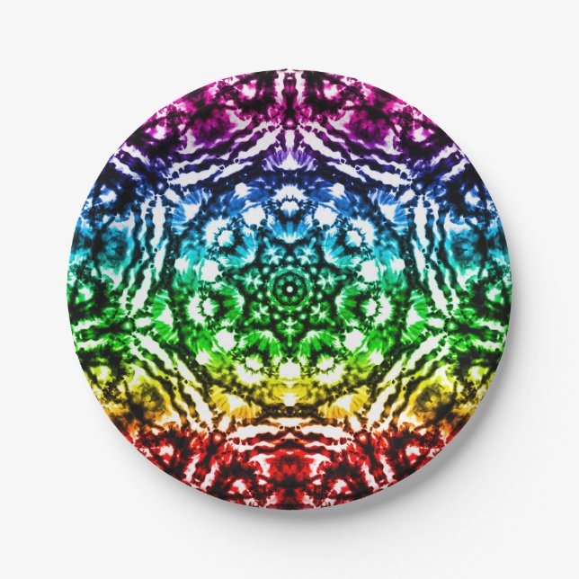 Rainbow Tie Dye Mandala Star Birthday Party Paper Plate (Front)