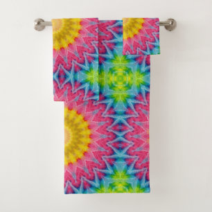 Rainbow Tie-Dye Mandala with Vibrant Symmetry Bath Towel Set