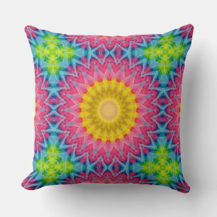 Rainbow Tie-Dye Mandala with Vibrant Symmetry Throw Pillow