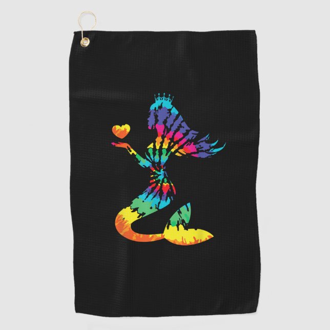 Rainbow Tie-Dye Mermaid Shirt in 60s 70s Retro Hip Golf Towel (Front)