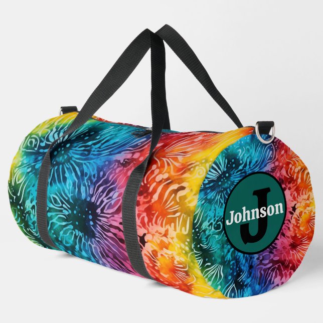 Rainbow Tie Dye Pattern Monogram Personalized Duffle Bag (Left Corner)