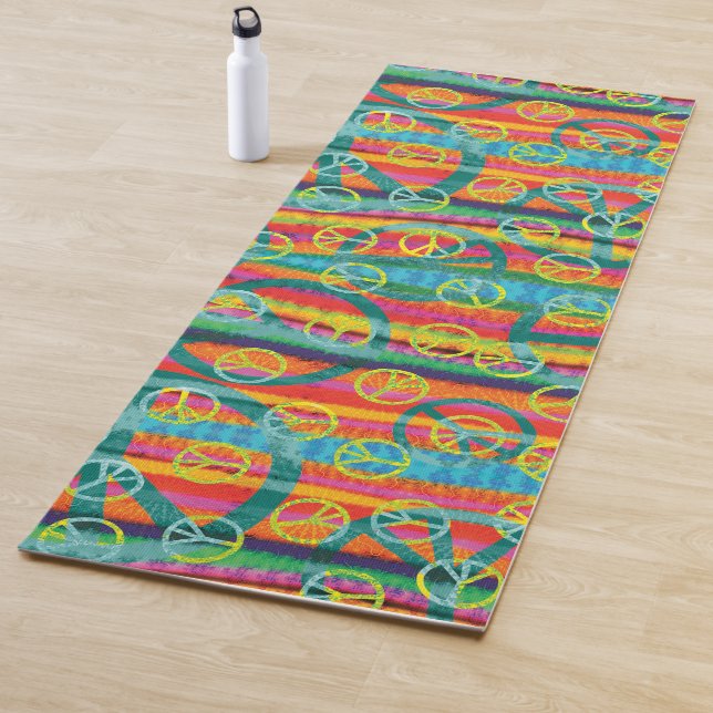 Rainbow Tie Dye Peace Signs Retro Yoga Mat (In Situ)