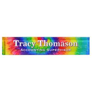 Rainbow Tie-Dye Swirl Alcohol Ink Desk Nameplate