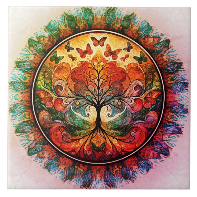 Rainbow Tree of Life Ancient Rustic Tile (Front)
