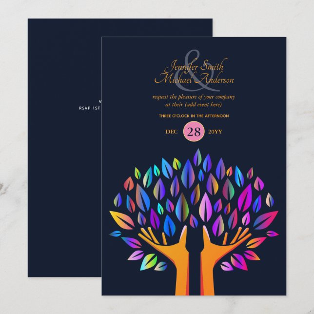 Rainbow Tree of Life COUPLES Event Navy Gold Invitation (Front/Back)