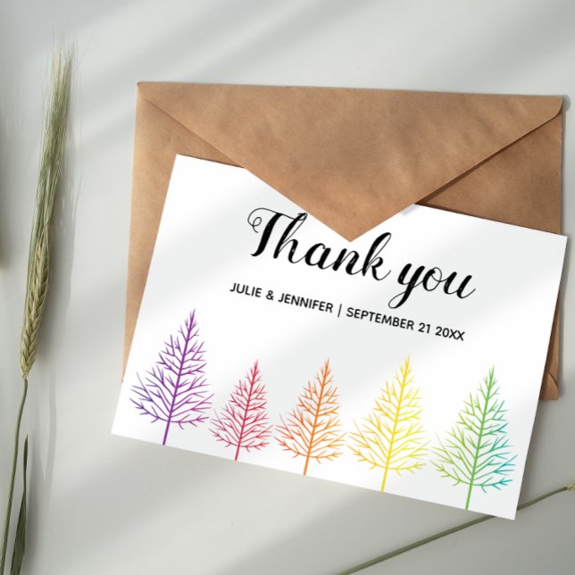 Rainbow trees, confetti lesbian wedding Thank You Card (Creator Uploaded)