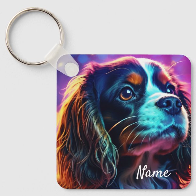 Rainbow Tri Cavalier King Charles Spaniel Dog Keychain (Front)