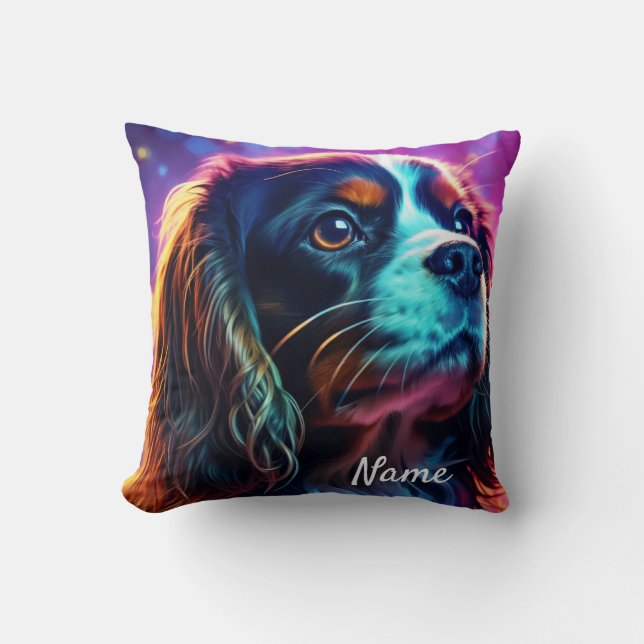 Rainbow Tri Cavalier King Charles Spaniel Dog Throw Pillow (Front)