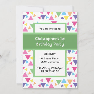 Rainbow Triangles 1st Birthday Green Party Invitation